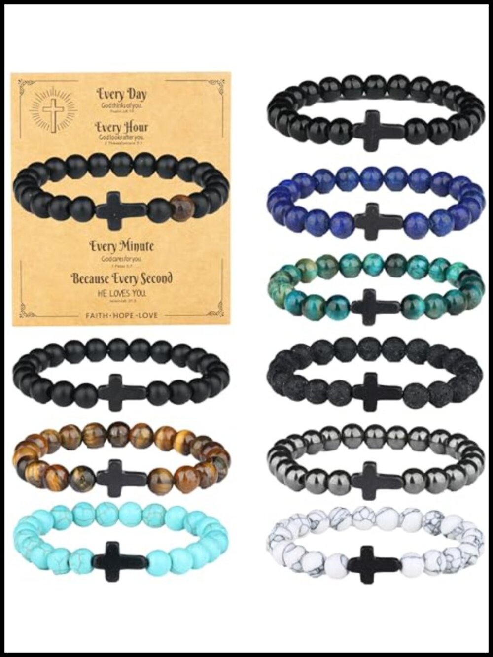10 PCS Religious Cross Beaded Bracelets for Men Adjustable 7-10"